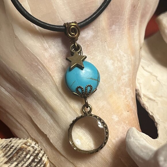 Black Leather Necklace, Turquoise & Glass Mini Magnifier Pendant - Picture 2 of 7